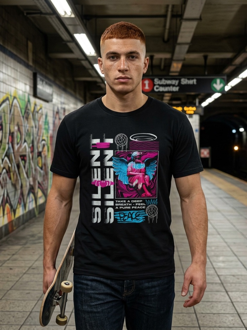 Neon Retro Peace Angel T-Shirt — Vintage 80s-Inspired Graphic Tee